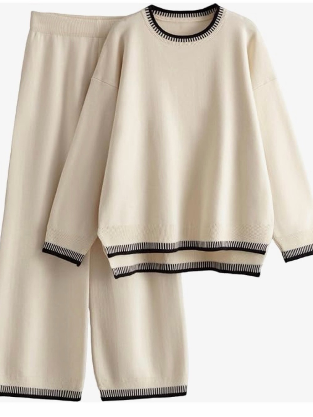 Cream Lounge Pajama Set with Black Trim - Women's Cozy Two-Piece